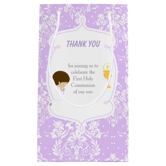 Petit Sac Cadeau Brunette Boy First Communion Damask (Devant)