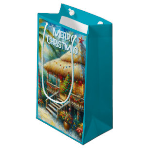 Petit Sac Cadeau Cabane Tropicale Noël Palm Tree Beach Lumières