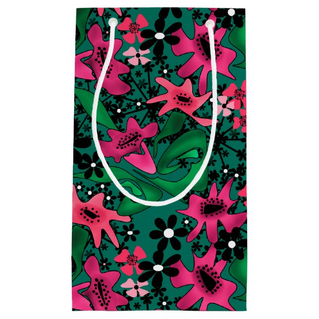 Petit Sac Cadeau Caricature abstraite sans couture joli fleurs vert (Devant)