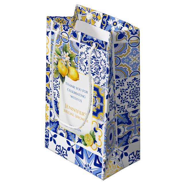 Petit Sac Cadeau Carreaux bleu méditerranéen Amalfi Citron Merci (Devant Angle)