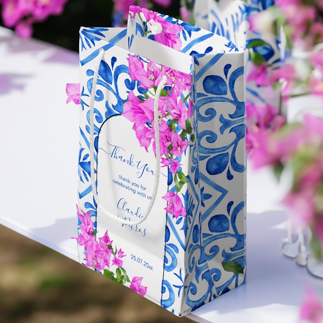 Petit Sac Cadeau Carreaux bleus et Bougainvilliers élégant merci (Blue Tiles and Bougainvillea elegant thank you Small Gift Bag favor bag Mediterranean themed favors)