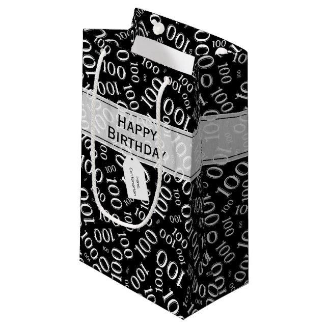 Petit Sac Cadeau Centenaire 100e anniversaire Motif de numéro noir (Devant Angle)