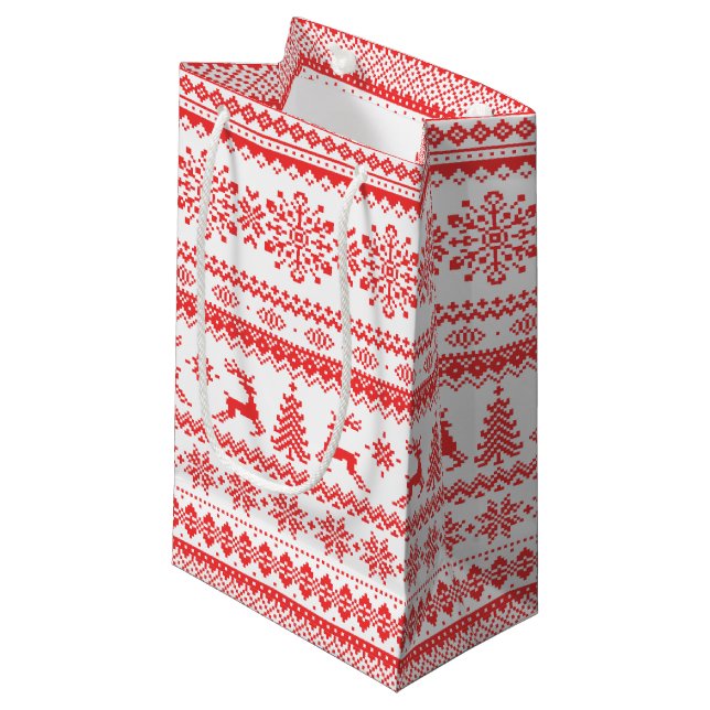 Petit Sac Cadeau Chandail de Noël rouge brun motif monogramme (Devant Angle)