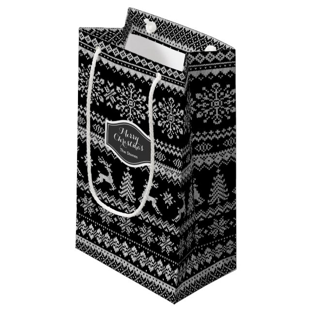 Petit Sac Cadeau Chandail de Noël soie noire motif monogramme (Devant Angle)