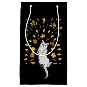 Petit Sac Cadeau Chat blanc avec illustration des feuilles de chute