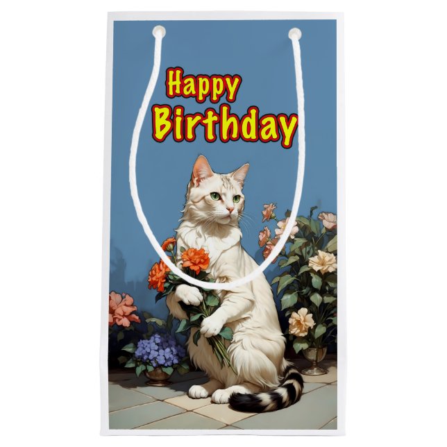 Petit Sac Cadeau chat d'anniversaire heureux (Devant)