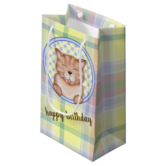 Petit Sac Cadeau chat d'anniversaire sur plaid (Devant Angle)