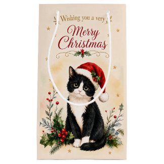 Petit Sac Cadeau Chat de Noël en smoking avec chapeau de Père Noël