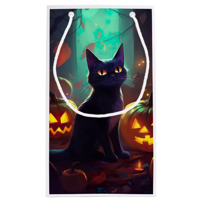 Petit Sac Cadeau Chat Halloween Tuxedo Avec Peur Citrouille (Dos)