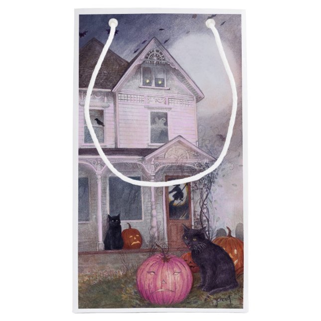 Petit Sac Cadeau Chat noir Citrouille rose et maison hantée Hallowe (Dos)