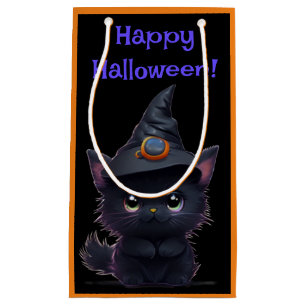 Petit Sac Cadeau Chat noir d'Halloween blanc mignon