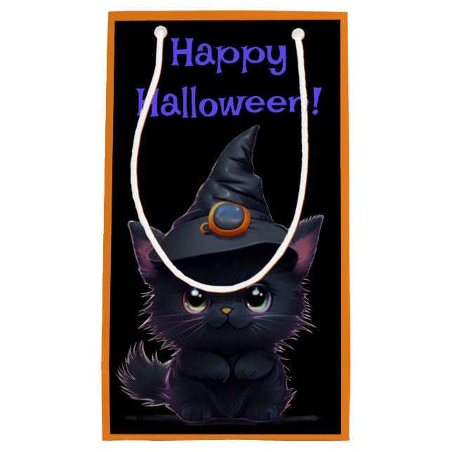 Petit Sac Cadeau Chat noir d'Halloween blanc mignon (Devant)