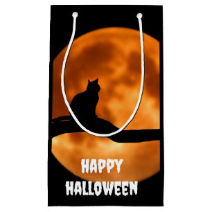 Petit Sac Cadeau Chat noir sous la lune orange