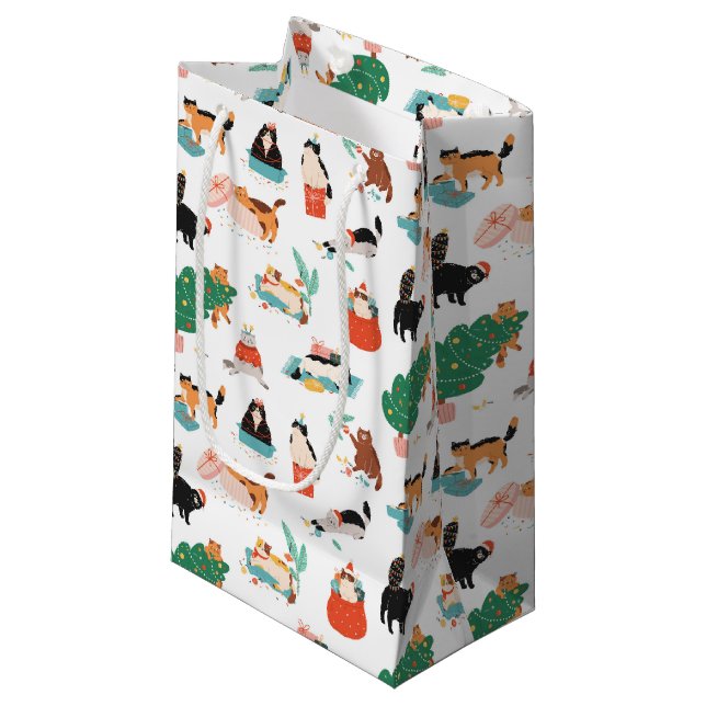 Petit Sac Cadeau Chats et Motifs de Noël (Devant Angle)