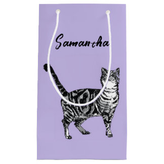 Petit Sac Cadeau Chatte tigrée noire et blanche Nom Violet 