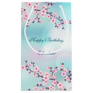 Petit Sac Cadeau Cherry Blossom rose Turquoise Personnalisé Annive