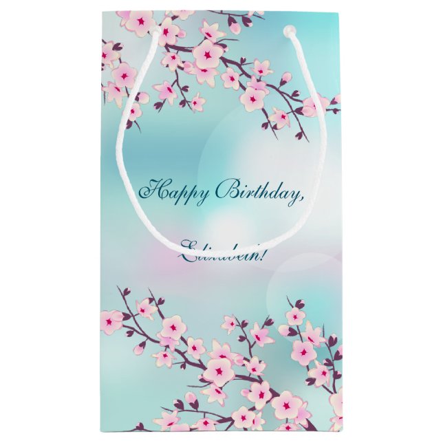 Petit Sac Cadeau Cherry Blossom rose Turquoise Personnalisé Anniver (Dos)