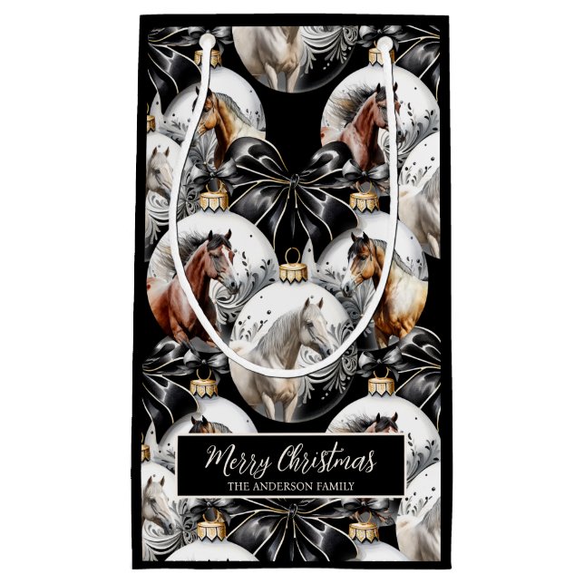 Petit Sac Cadeau Chevaux noir et or Citation de Noël (Devant)