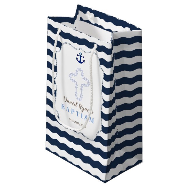 Petit Sac Cadeau Chic Baptême Nautique Vagues Ancre (Devant Angle)