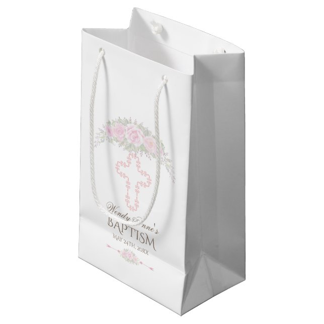 Petit Sac Cadeau Chic Blush Rose Jardin Floral Fille Christening (Devant Angle)