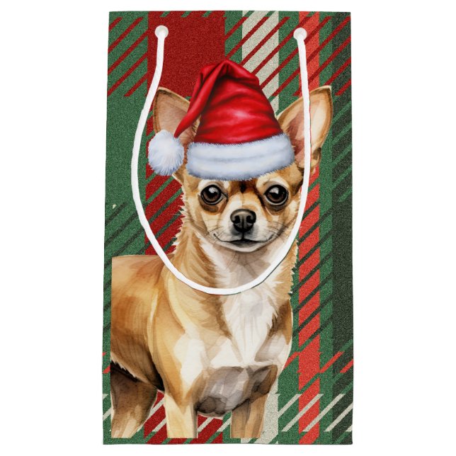 Petit Sac Cadeau Chihuahua Chien Rouge Vert Plaid Noël (Devant)