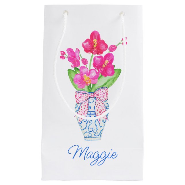 Petit Sac Cadeau Chinoiserie Aquarelle Ginger Jar Orchidées (Devant)