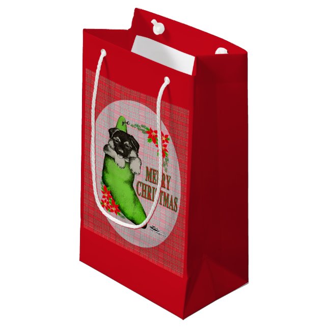 Petit Sac Cadeau Chiot de Joyeux Noël (Devant Angle)