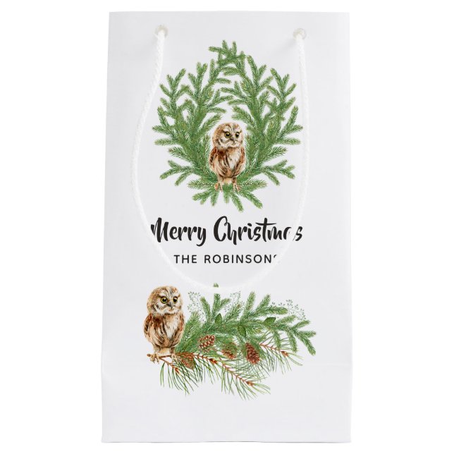 Petit Sac Cadeau Chouette aquarelle Noël (Devant)