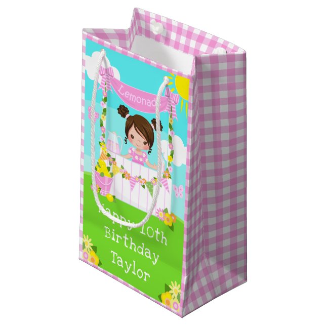 Petit Sac Cadeau Citronade rose Brown coiffeuse Joyeux anniversaire (Devant Angle)