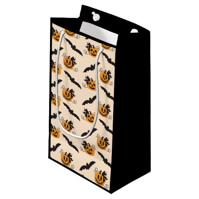 Petit Sac Cadeau Citrouille Et Bat Jack-o'-lantern Orange Noir (Devant Angle)