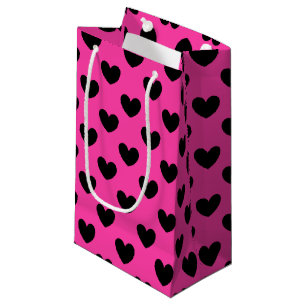 Petit Sac Cadeau Coeurs polka noirs sur rose fuchsia