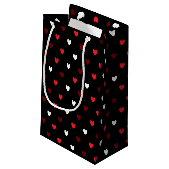 Petit Sac Cadeau Coeurs rouge et blanc sur noir (Dos Angle)