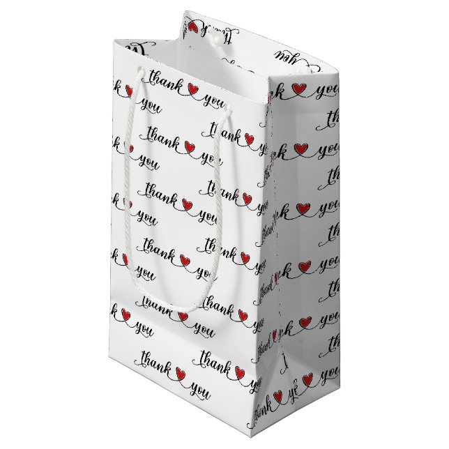 Petit Sac Cadeau Coeurs rouges Merci sur blanc (Devant Angle)