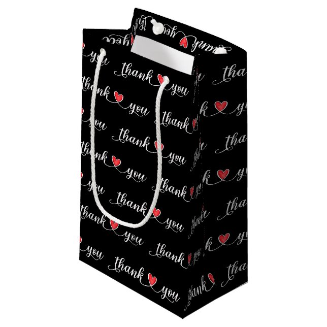 Petit Sac Cadeau Coeurs rouges Merci sur noir (Devant Angle)
