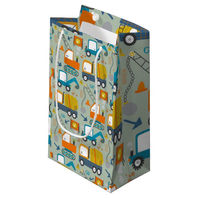 Petit Sac Cadeau Construction Digger Trucks Blue 4th Birthday Party (Devant Angle)