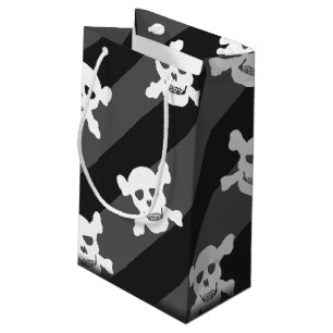 Petit Sac Cadeau Crâne blanc et os croisés sur les rayures noires