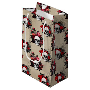 Petit Sac Cadeau Crânes gothiques roses rouges motif carrelé