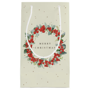 Petit Sac Cadeau Crème Rouge Baie+Eucalyptus Noël/Fêtes