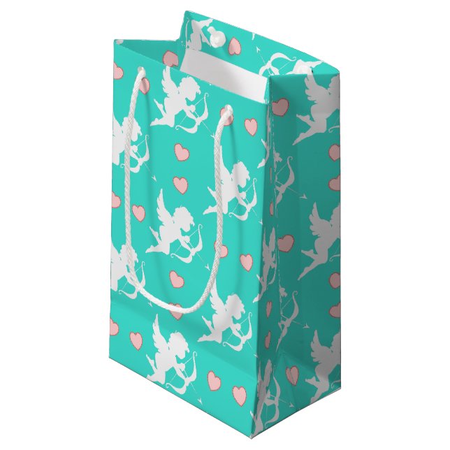 Petit Sac Cadeau Cupidons et Cœurs Turquoise (Devant Angle)
