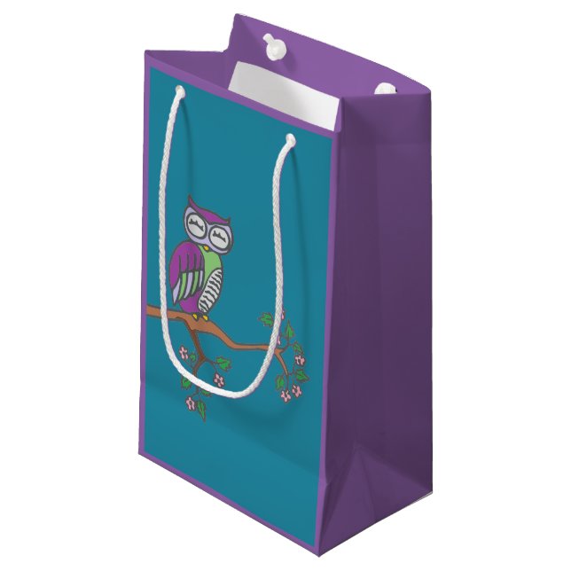 Petit Sac Cadeau Cute Owl à la nuit Illustration Bleu (Devant Angle)