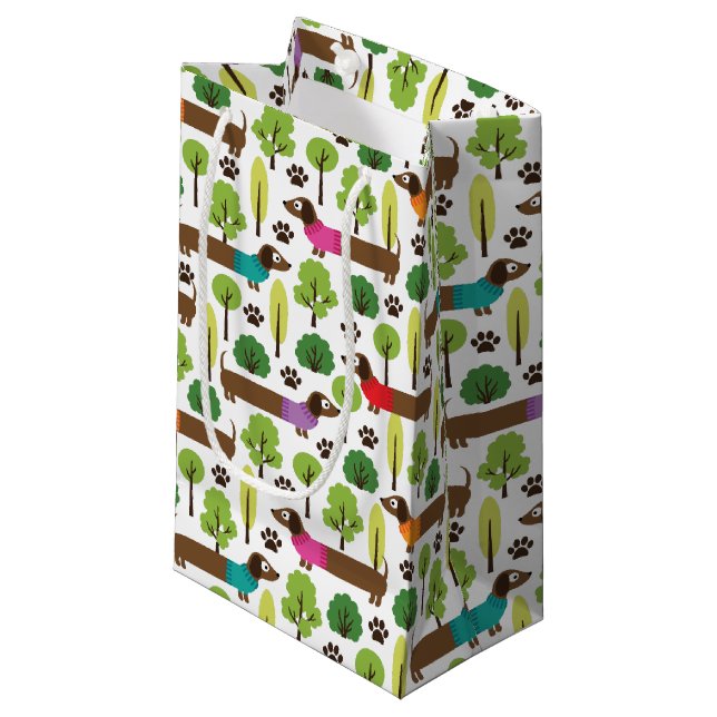 Petit Sac Cadeau Dachshunds En Promenade Dans Le Parc (Devant Angle)