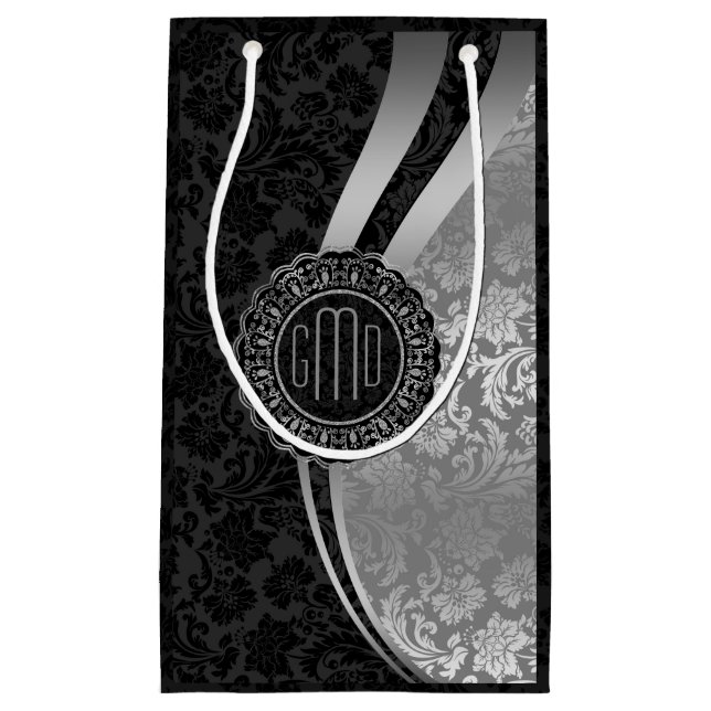 Petit Sac Cadeau Damas Monogrammes Noir & Argent Stripes Dynamiques (Devant)