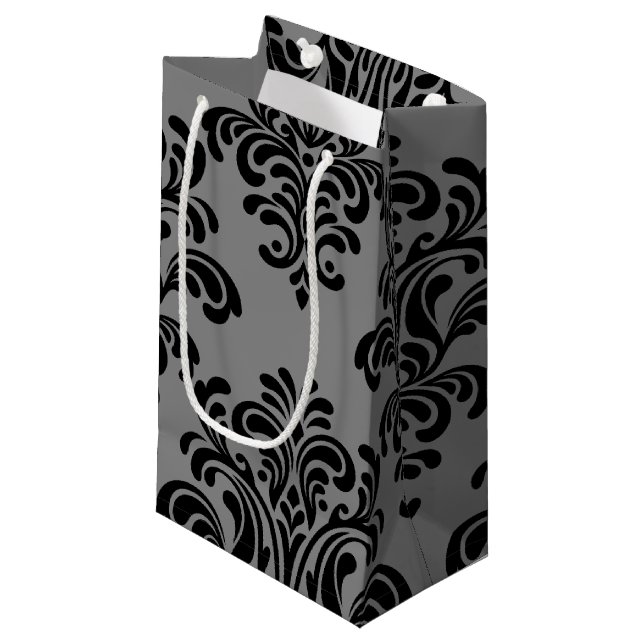 Petit Sac Cadeau Damas noir sur Motif gris (Devant Angle)