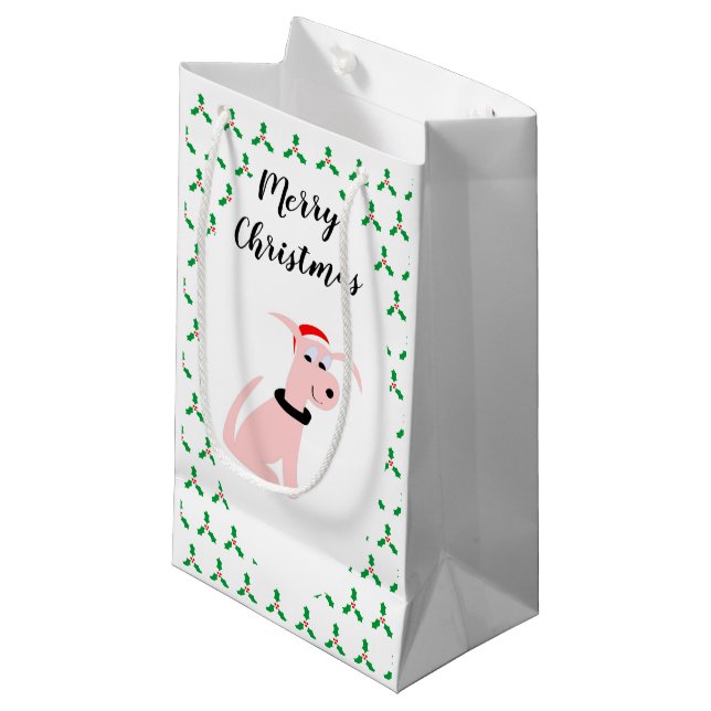 Petit Sac Cadeau Dessin rose chien Cheeky Chien Noël (Devant Angle)