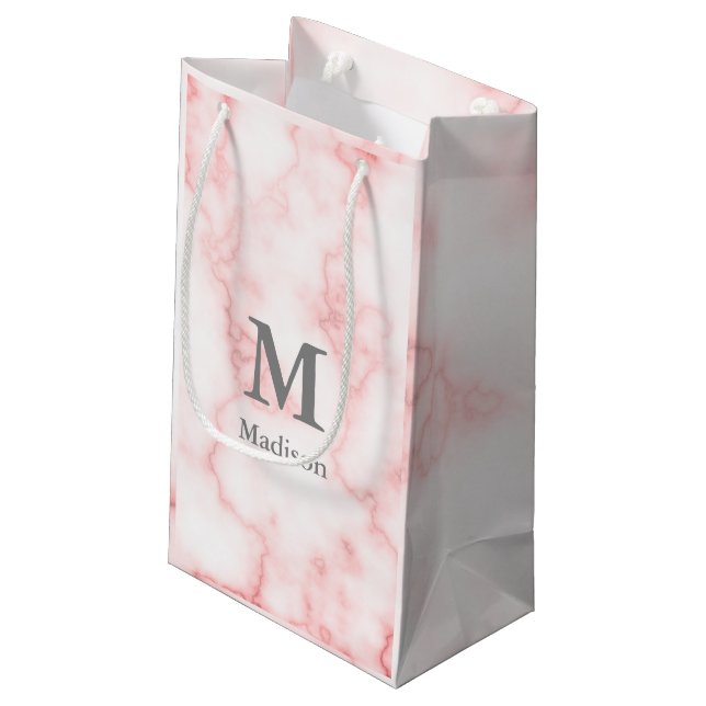 Petit Sac Cadeau Elégant Faux rose Marbre gris Nom et Monogramme (Dos Angle)