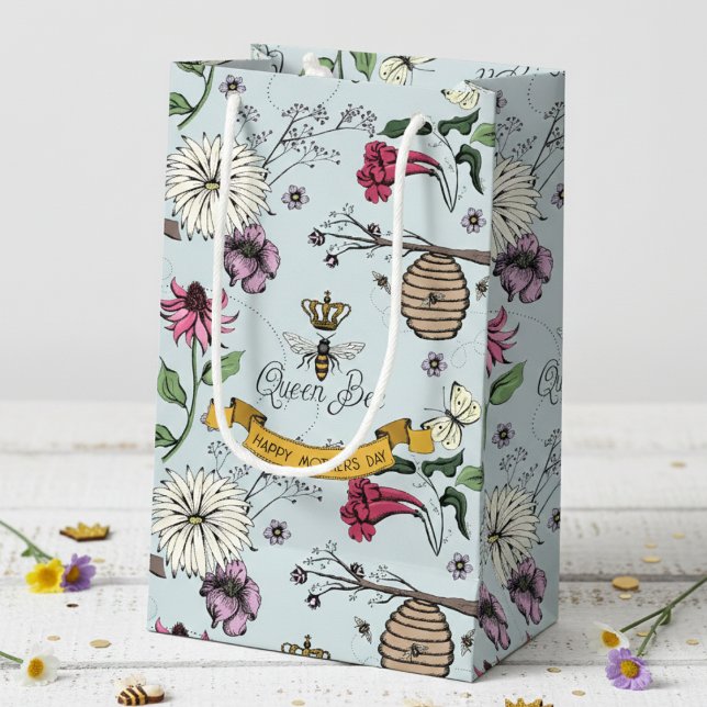 Petit Sac Cadeau Elegant Floral Beehive & Flowers Blue (Feminine Queen Bee & Beehhive Floral Gift Bags for Her. Elegant Pattern with Bees, Flowers & Daisy.)