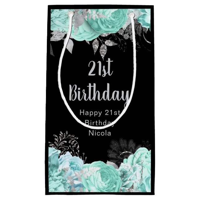 Petit Sac Cadeau Elegant Green and Silver Flowers Birthday Party (Devant)