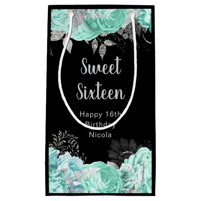 Petit Sac Cadeau Elegant Green and Silver Flowers Sweet Sixteen (Devant)