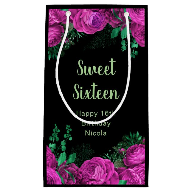 Petit Sac Cadeau Elegant Hot Pink Flowers Sweet Sixteen (Devant)
