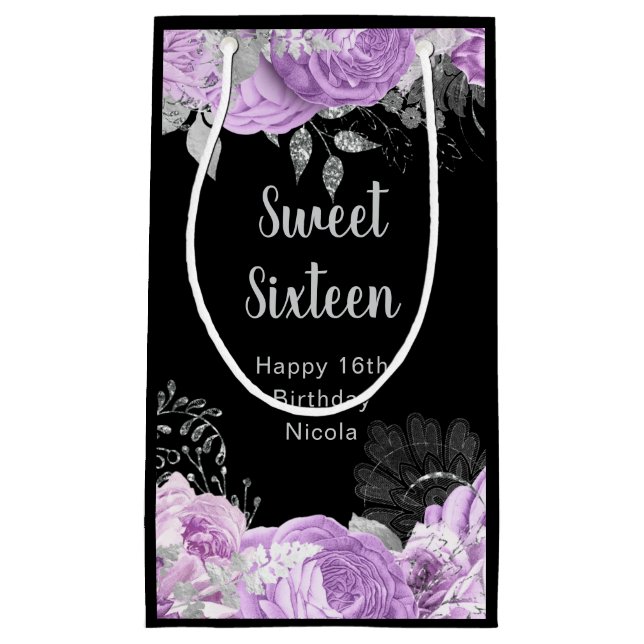 Petit Sac Cadeau Elegant Lilac and Silver Flowers Sweet Sixteen (Devant)